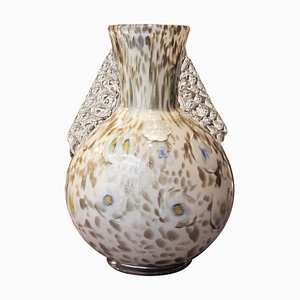 Vase en Verre de Murano Blanc avec Mouchetures Dorées, Fleurs Bleues et Poignées Transparentes, 1950s