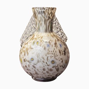 White Murano Vase with Gold Flecks, Blue Flowers and Transparent Handles, 1950s