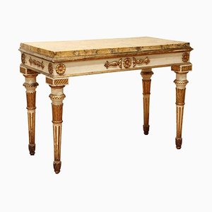Console Louis XVI en Laque Blanche et Bois Doré avec Plateau en Marbre Scagliola Sienne