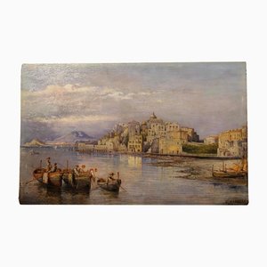 Consalvo Carelli,19th Century Italian Rectangular Oil on Board Landscape Marine Painting, Paint & Wood