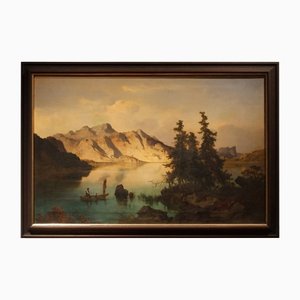 Joseph Brunner, Austrian Landscape with Lake and Mountain Painting, 1869, Oil on Canvas, Framed
