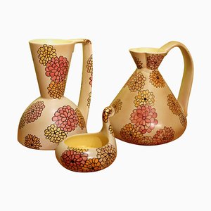Brocca, brocca e vassoio Art Déco in ceramica con motivi floreali di Lenci, Italia, anni '30, set di 3