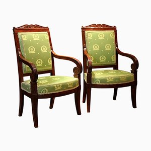 Set of 18th Century French Mahogany and Green Silk Upholster High Back Armchairs