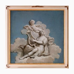 Artiste Français, Composition Bleue et Blanche avec Angelot, 19ème Siècle, Huile sur Toile, Encadrée