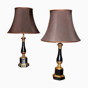 20th Century French Black Enamel Tole and Gilt Bronze Table Lamps with Silk Shade, Set of 2