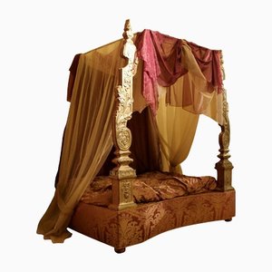 19th Century Italian Canopy Bed with Silver Friezes and Upholstered Purple Silk