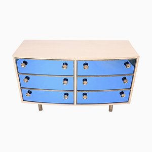 Curved Dresser with Blonde Wood and Blue Crystal Glass by Gio Ponti, 1990