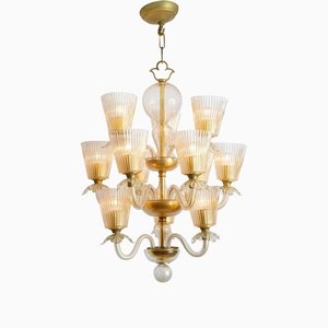 Lampadario a 12 braccia con dettagli dorati di Barovier & Toso, anni '40