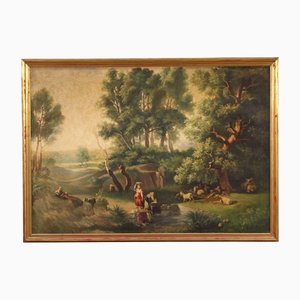 Italian Painting Landscape with Characters, 1950, Oil on Canvas, Framed