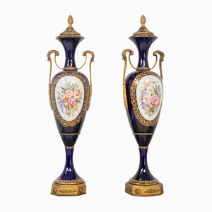French Blue Ceramic Decorative Vases with Floral Motifs, 1890s, Set of 2