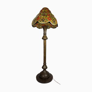 Antique Islamic Syrien Brass Floor Lamp with Hand Painted Camel Skin Leather Lampshade, 1930s