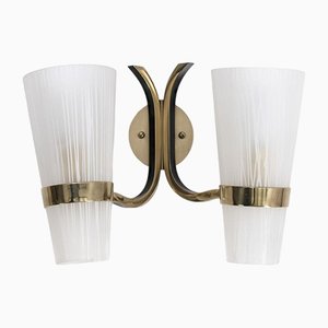 Brass Wall Lamp with 2 Glass Shades, 1950s