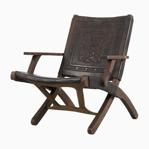 Leather Folding Armchair with Mexican Aztec Motif