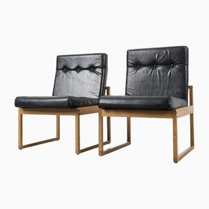 Oak & Leatherette Lounge Chairs, Set of 2