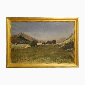Italian Painting Landscape with Hunter, 1899, Oil on Canvas, Framed