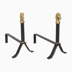 Leather-Wrapped Andirons attributed to Jacques Adnet, 1950s, Set of 2
