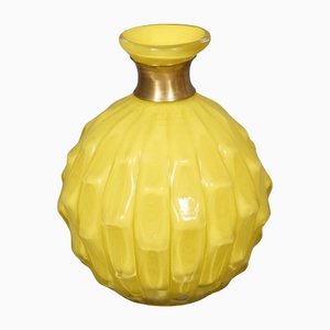 Mid-Century Yellow Murano Glass and Brass Vase, 1950s