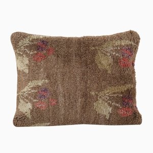 Vintage Handwoven Milky Brown Turkish Flokati Rug Floral Shagy Cushion Cover