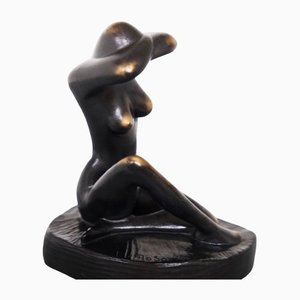 Estatua de mujer desnuda vintage de metal y madera, años 70