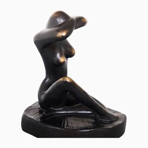 Statua di donna nuda vintage in metallo e legno, anni '70