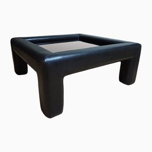 Tavolino da caffè in pelle nera con vetro fumé di de Sede, Svizzera, anni '80