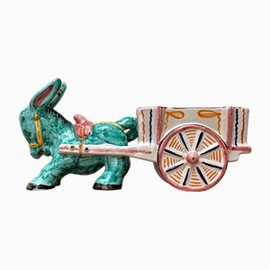 Vintage Italian Handpainted Donkey with Cart Bowl Sculpture from Deruta, Italy