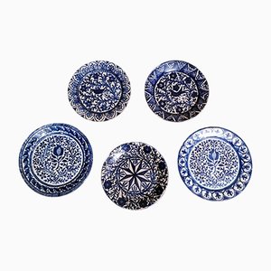 Italian Ceramic Plates with Cobalt Blue Decorations, Deruta, 1950s, Set of 5