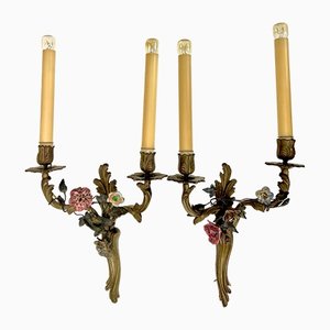 Brass and Tole Floral Wall Sconces, France, 1940s, Set of 2