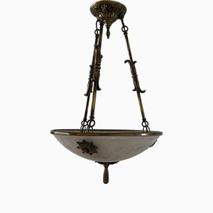 Schwedische Mid-Century Deckenlampe aus Messing & Milchglas