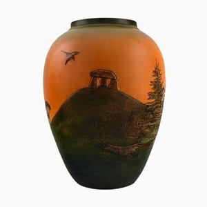 Ipsens Denmark Vase aus glasierter Keramik, handbemalte Landschaft, 1930er