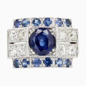French Art Deco Sapphire Diamonds 18 Karat White Gold Ring, 1930s