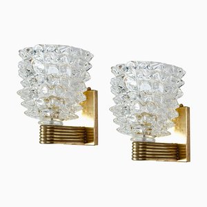 Barovier Art Deco Rostrato Brass Mounted Murano Glass Sconces, 1940s, Set of 2