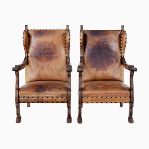 19th Century Carved Oak and Leather Armchairs, 1890s, Set of 2