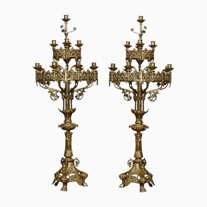 Large 19th Century Gothic Revival Brass Candelabras, Set of 2
