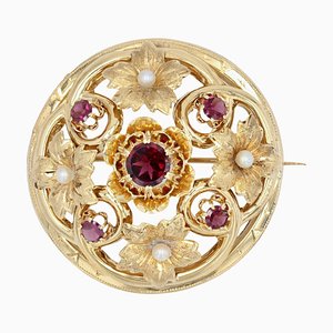 18 Karat 20th Century French Garnet Fine Pearl Yellow Gold Brooch, 1890s