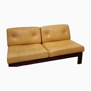 Yellow Leather and Palisander 2-Seater Bench from Durlet, 1980s
