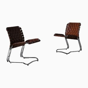 Leather and Chrome Side Chairs, Italy, 1970s, Set of 2