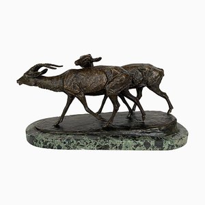 Art Deco Bronze and Marble Antelopes by Irenee Rochard, 1930s, Set of 2