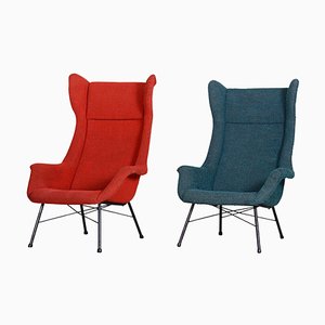 Mid-Century Czechia Red and Blue Armchairs attributed to Miroslav Navratil, 1950s, Set of 2