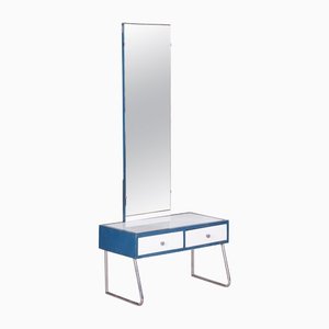 Specchio da toeletta Bauhaus in metallo cromato blu e bianco, anni '30