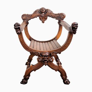 Italian Savonarola Chair in Carved Walnut, 1900