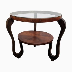 Italian Art Deco Briar Burl Wood and Glass Round Center Coffee Table, 1940s