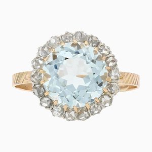 19th Century French Aquamarine Diamonds 18 Karat Yellow Gold Round Ring