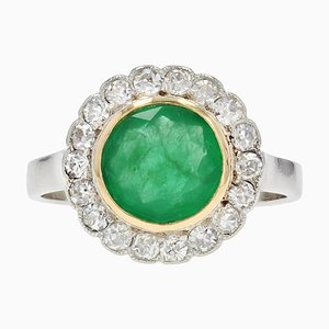 Emerald & Diamonds Platinum 18 Karat Yellow Gold Round Ring, 1920s