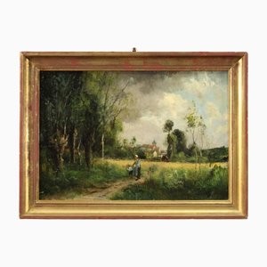 French Countryside Landscape with Characters, 19th Century, Oil on Canvas