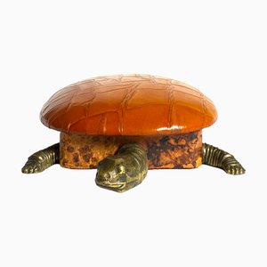 Turtle Shaped Leather and Bronze Jewelry Box, France, 1950s