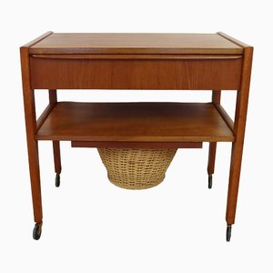 Teak Sewing Table with Drawer & Wicker Basket