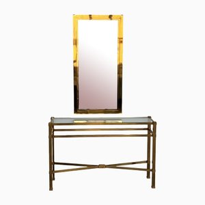 Italian Brass Console Table with Cut Glass and Matching Wall Mirror, 1970s, Set of 2