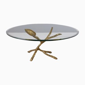 Gilded Bronze Table with Oval Glass and Facet Cut, 1980s