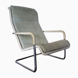 Vintage Modernist Chromed Tubular Steel, Rattan & Leather Easy Chair in Style of Thonet, 1970s